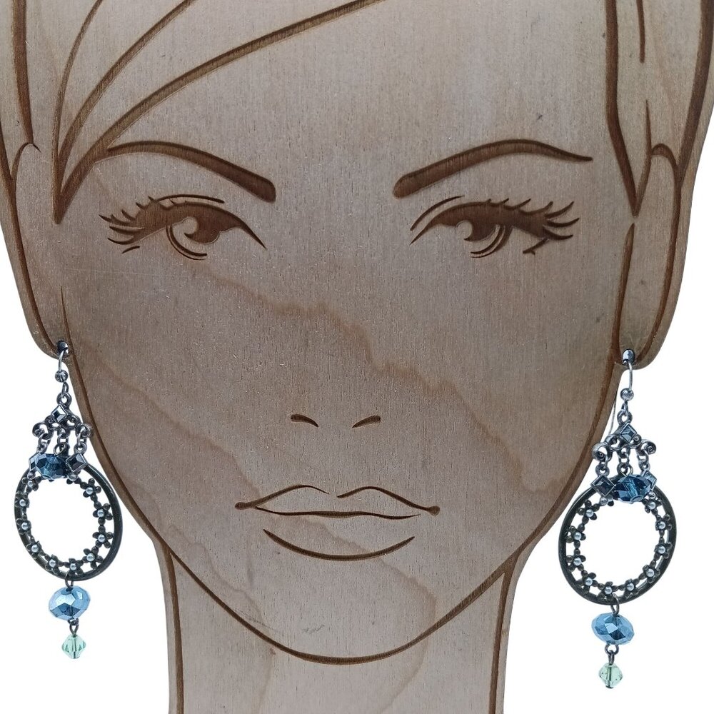 Antique Inspired Beaded Hoop Earrings with Blue & Green Crystal Accents